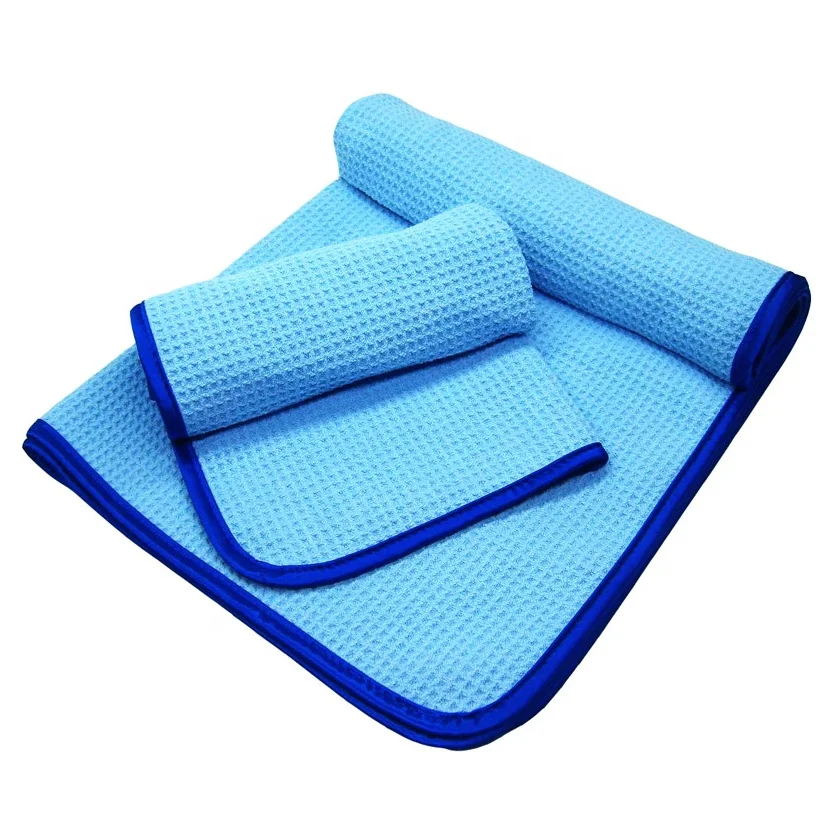 OEM Made in Korea 320gsm Blue Waffle Drying Towel Korean Woven Terry 60x90cm with Soft Taping Power Quick Absorption