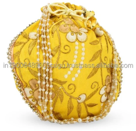 Indian Embroidery Silk Potli Womens Handbag Wedding, Sangeet, Haldi, Mehndi Favor Return Gift Bag Drawstring Potli Purse for her