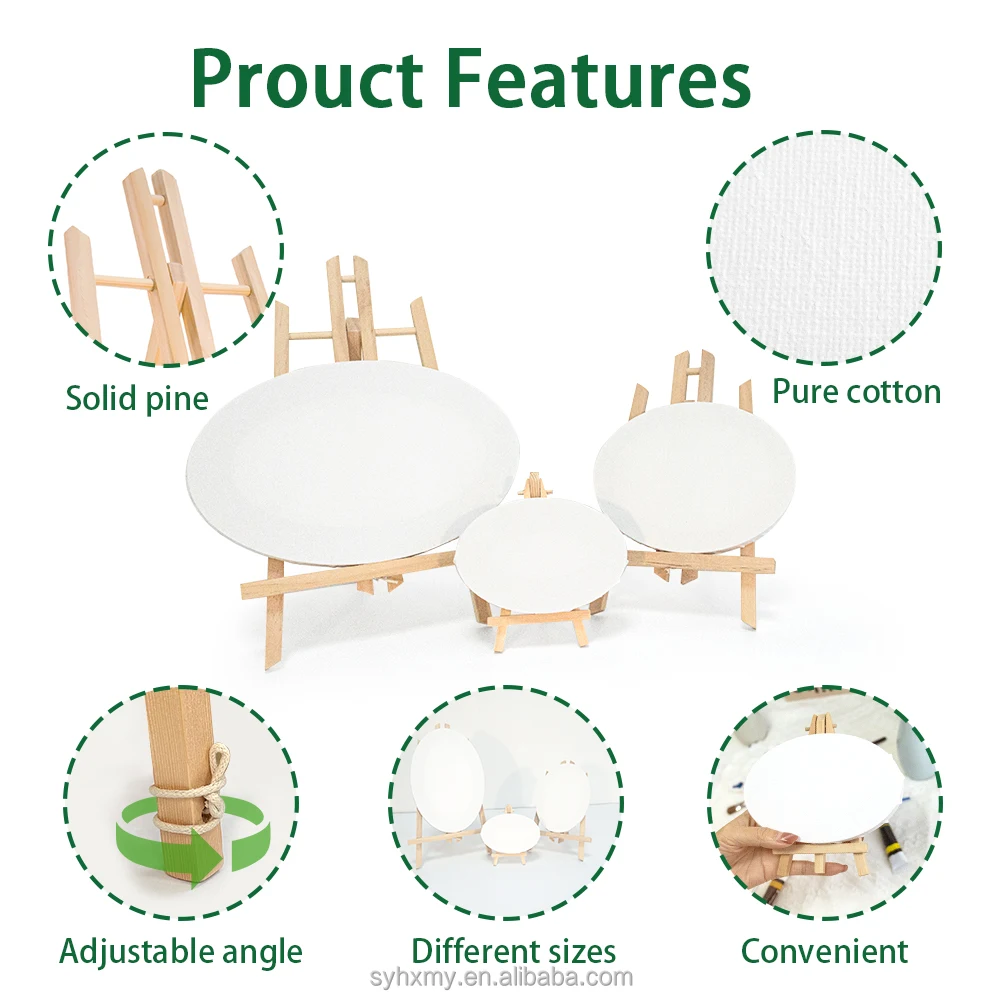 Artist Painting Kit Oval Canvas with Ease Stand 280g Cotton Blank Stretched Canvas Wooden Easel Kit 3 pack Set