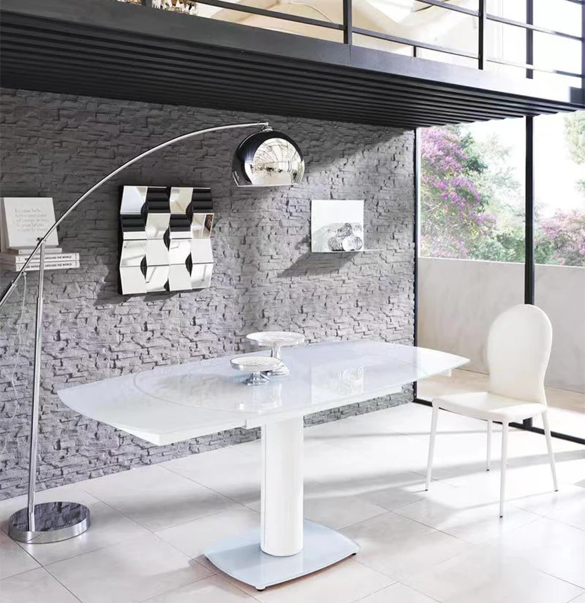 Dining Room Glass Top Metal Legs Modern Oval Rectangular Extendable Pedestal Extension Dining Table