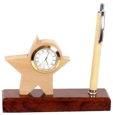 Star shape Wooden Office Pen Holder with clock Storage Pencil Organizer Stand Box