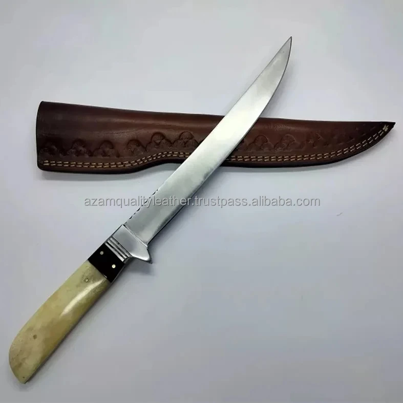 Beautiful Sizzco Handmade Damascus Steel Fixed Blade Hunting Camping Skinner Guthook Knife Handle USA Flag Style Wood Bone Damas