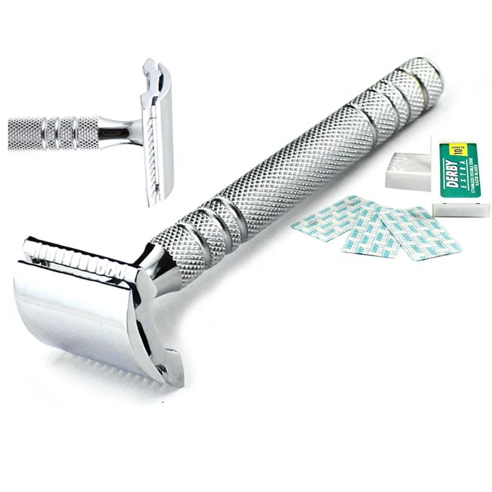 Long Handled Double Edge Shaving Safety Razor with Case for Face Body Bikini Underarm Use