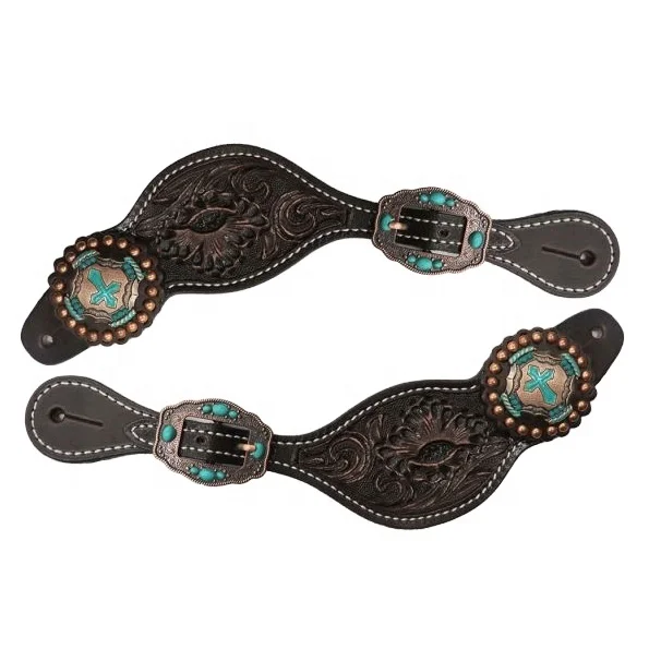 Premium Quality Leather Handmade Spur Strap With Vintage Cross Concho & Copper Engraved Buckle Wholesale Manufacturer