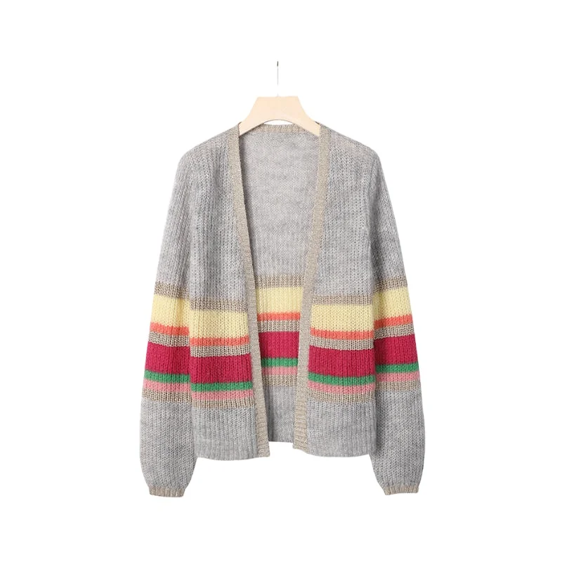 Women colorful striped sweater V-neck open chested long sleeve knitted cardigans & shrug sweaters wholesale