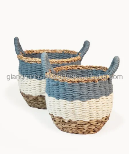 Wholesale price custom home decor round hand woven Jute seagrass cotton rope storage basket made in Vietnam