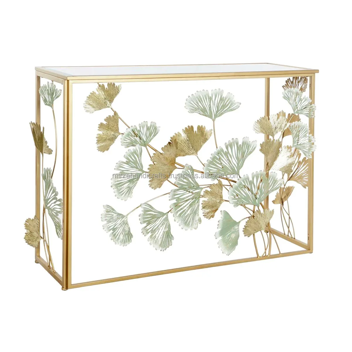 Metal Golden and Green finished Console Table with Glass Mirrored Top Home Decor Custom Price High quality products