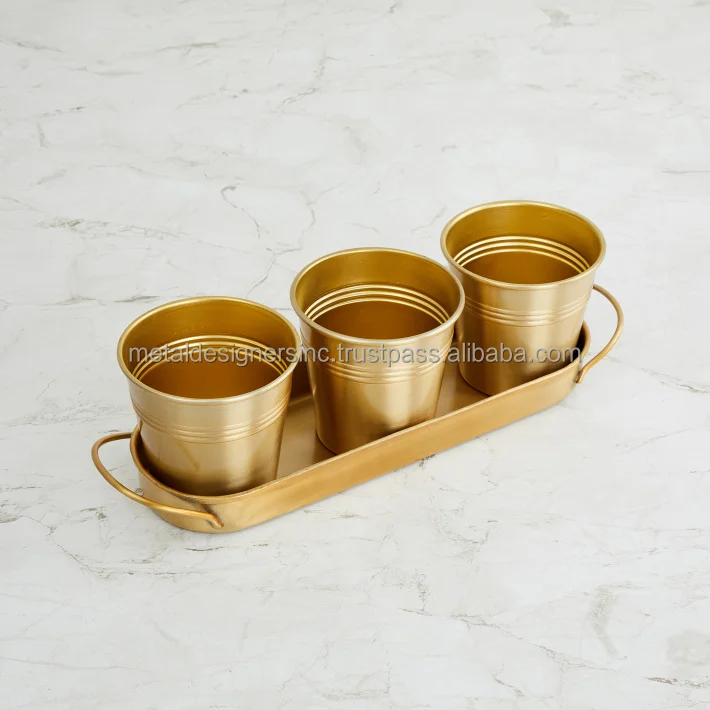 Set Of 3 Metal Planter Tray With Round Herb Pots Planter With handle Tray For Indoor And Outdoor Flower Pot Garden