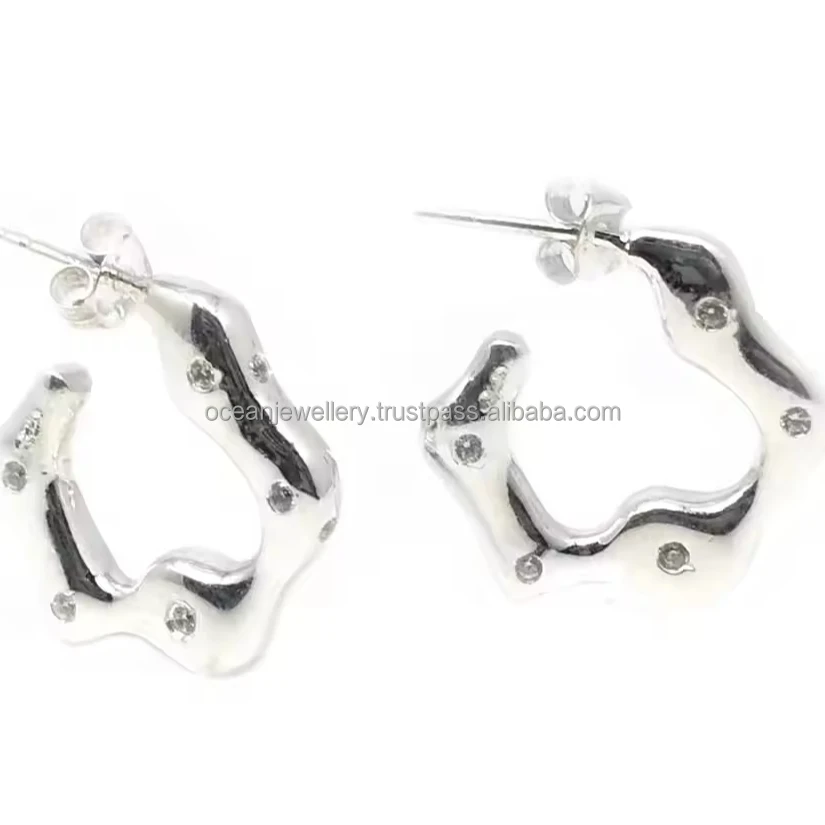 925 Sterling Silver Beryl CZ Earrings | Hoops Earring With Push Back |Geometric IZig Zag C Silver Earrings For Women