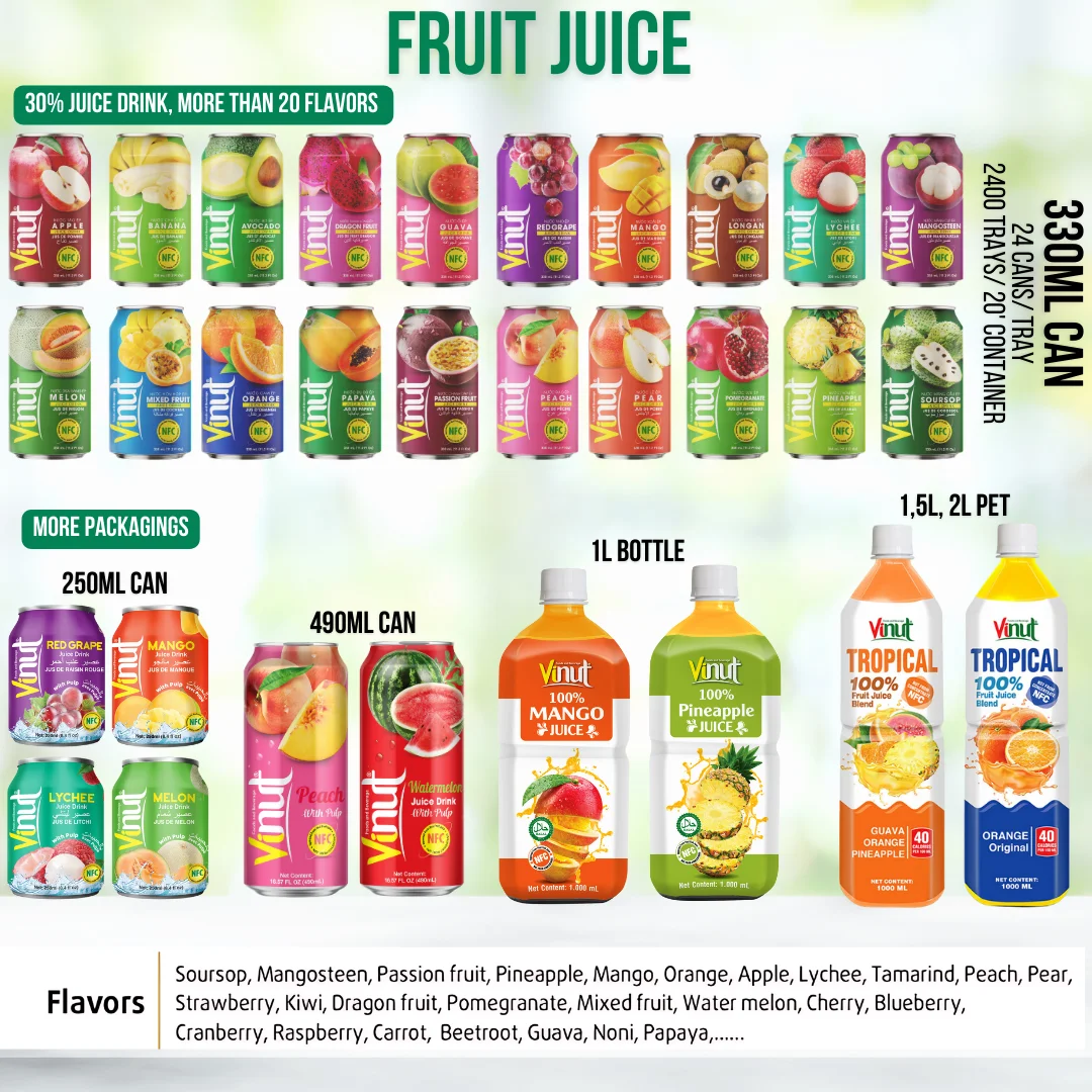 VINUT 490ml Flavored Juice Drink  With Pulp, Sugar-Free, Private Label, OEM/ODM, Free Sample Vietnam