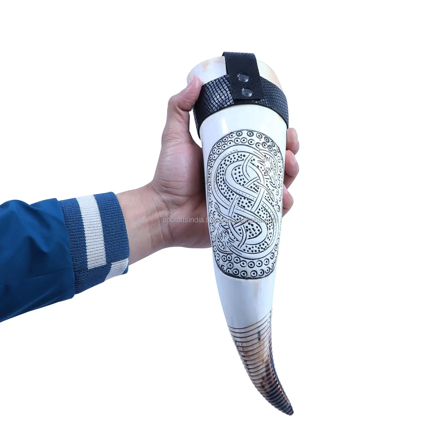 Best Quality Indian Buffalo Drinking Horns with Natural Viking Leather Holder Tea Vessel Medieval Animal Style Decoration