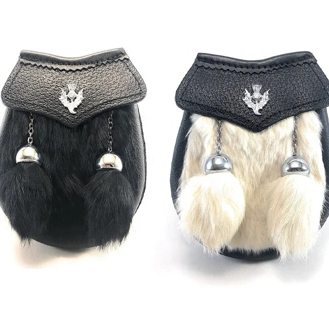 
White Genuine Fur Baby/Kids Kilt Sporran With Chrome Thistle Badge And Two Tassels 