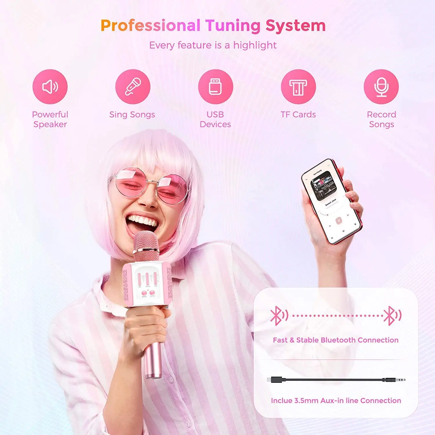 Беспроводной микрофон для караоке, 3-в-1 Портативный динамик машина для всех смартфонов, подарок для мальчиков и девочек, детей и взрослых