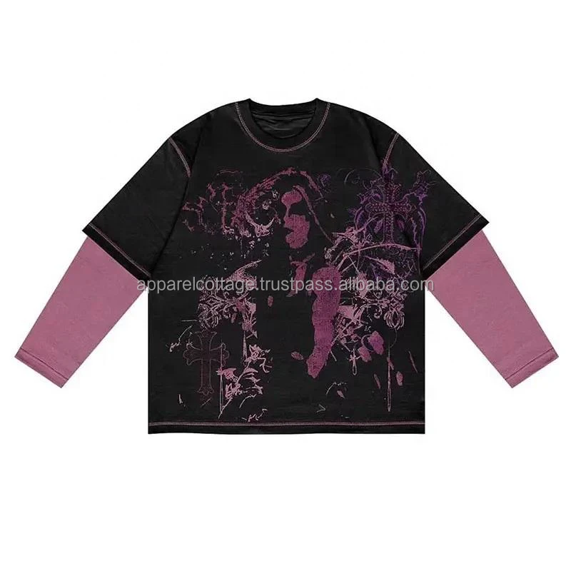 Wholesale premium quality 100%cotton jersey unisex double sleeves crew neck silk screen print t-shirt casual hip hop sweaters