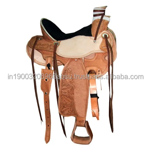 Premium Western Wade Roughout Full Hand Engraved Leather Horse Saddle on Fibre Glass Tree with Long Horn