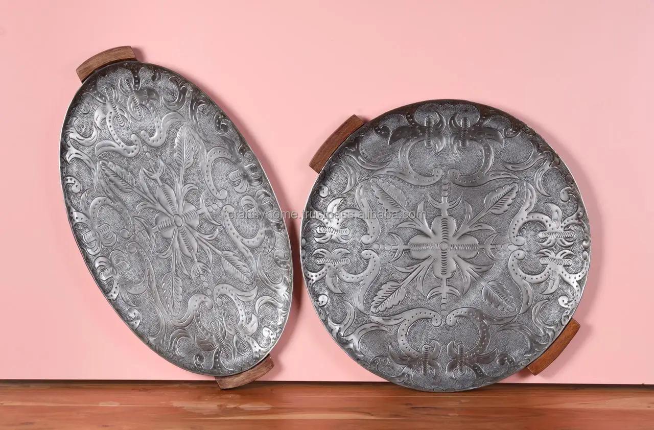 SET OF 3 VINTAGE METAL SERVING TRAY WITH WOODEN HANDLE USE FOR KITCHEN DECORATIVE SERVING TRAY CLASSIC DESIGN METAL TRAY BY CH