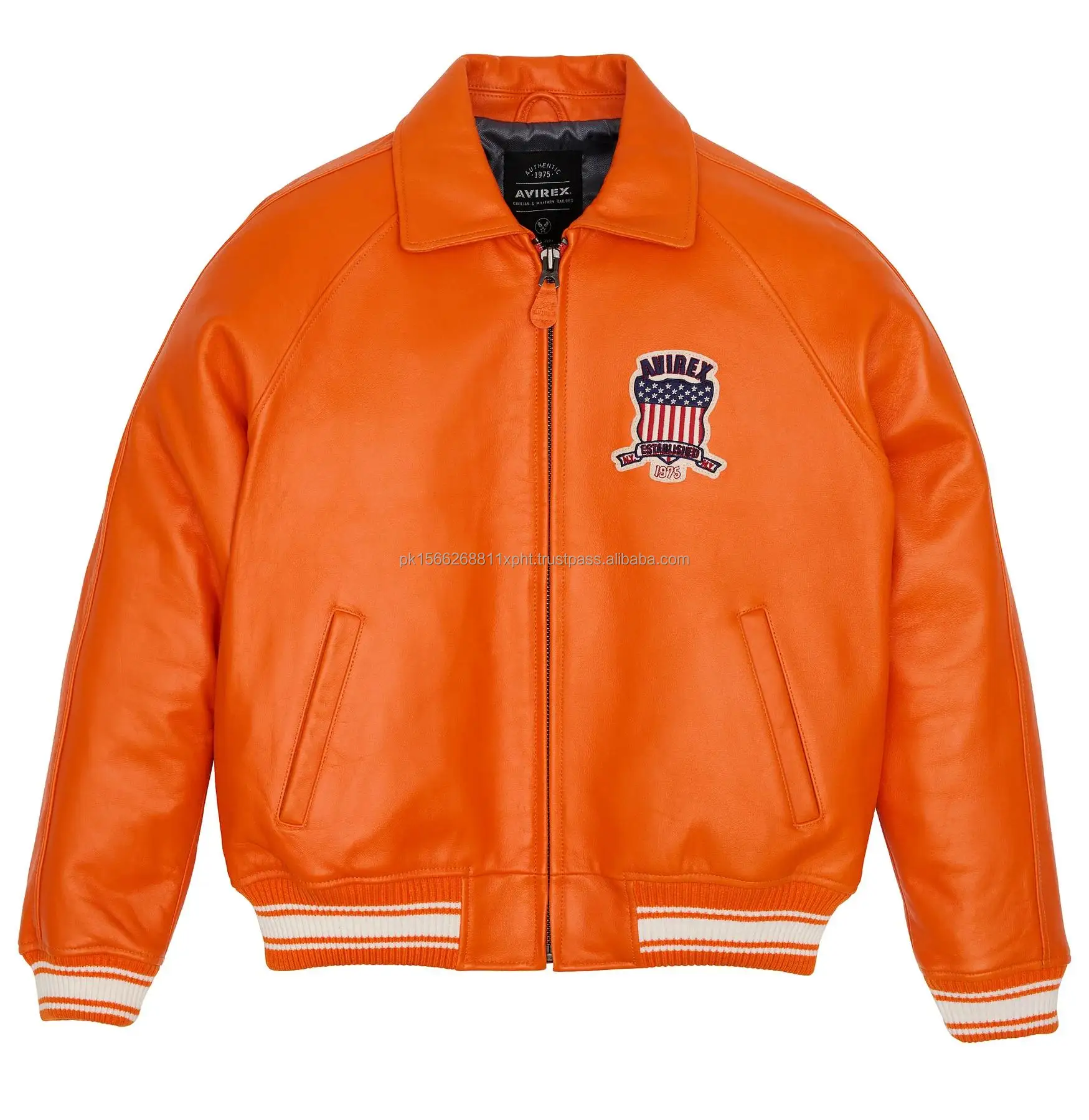 Avirex Mens Real Bomber Jacket American Flight Black Leather Limited Edition Series Orange Jacket Genuine Cowhide Leather