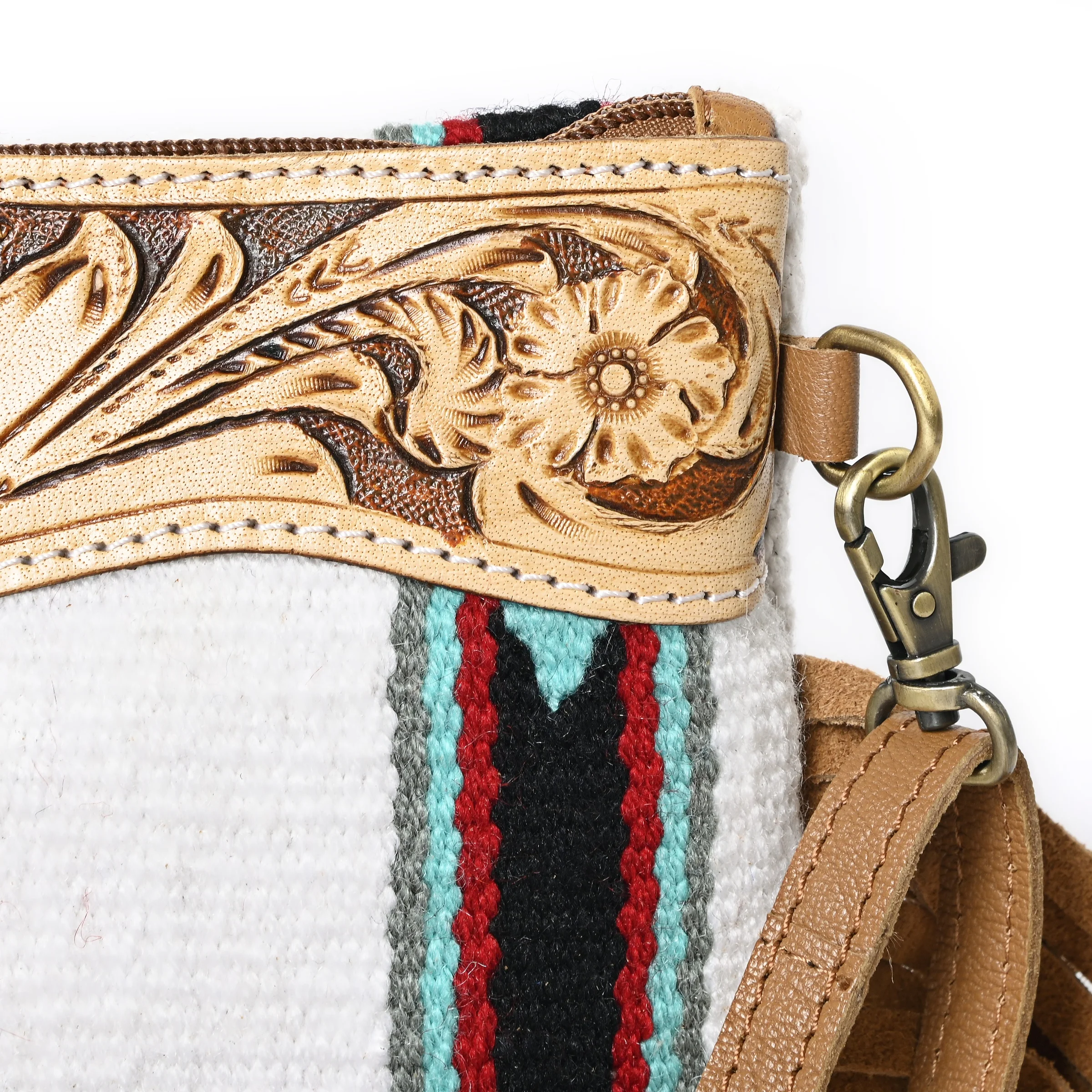 Small Crossbody Bag Made of Woolen Saddle Blanket Tooled Leather Cowhide Patch on Top With Cow Suede Fringes Matching Handle