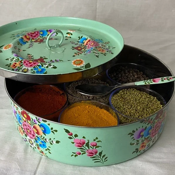 Indian Masala Box Antique Design 7 Cup Spice Container with Lid , Indian spice box, steel spice box