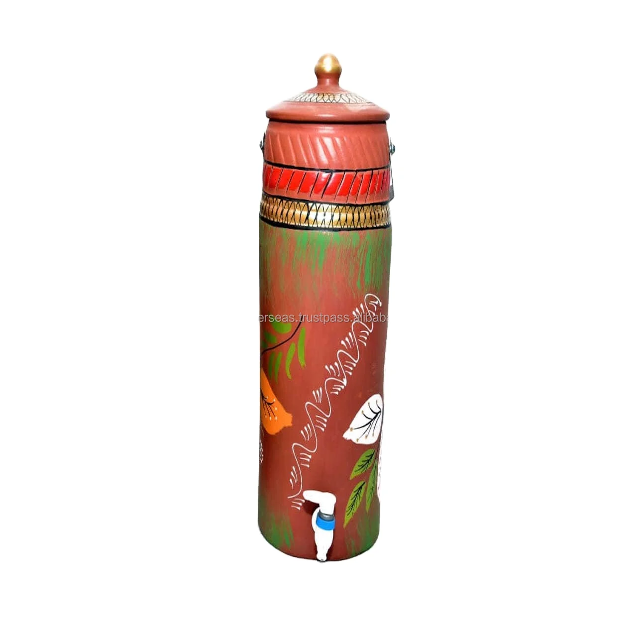 Vintage Long Round Natural Painted Indian Clay Matka with Clay Lid For Sale, Self Cooling Water Pot 10 Litre