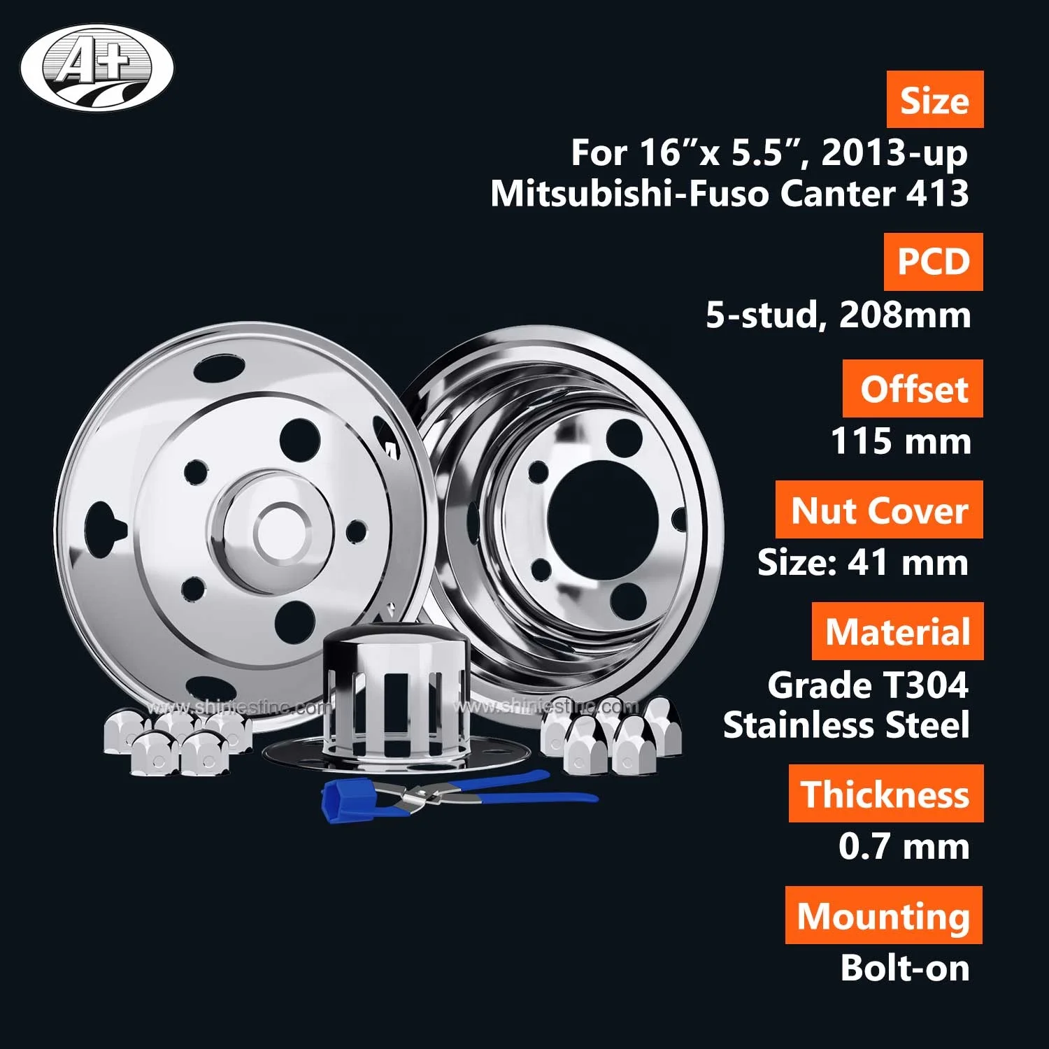 JP 16 X 5.5 T304 Stainless Steel Wheel Cover Set For Mitsubishi-Fuso Canter 413 2013~up ( (With 41mm Nut Cover)_60016A-38MM