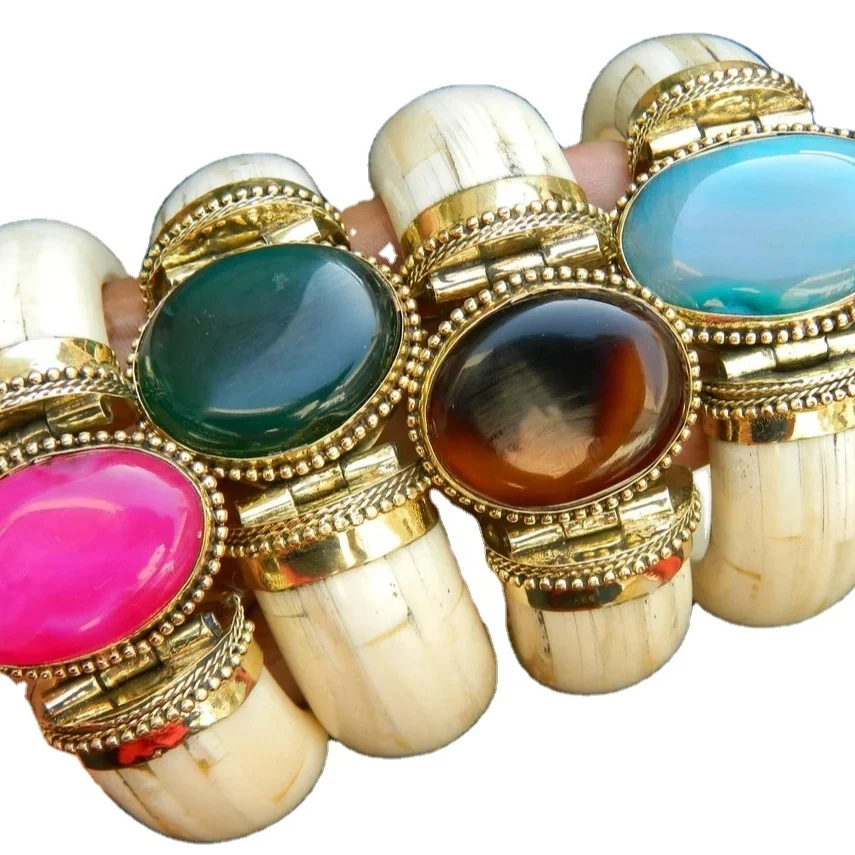 Hot Selling Vintage Bone Bracelet Cuff Bangles with Resin Stone or Antique Look Bangle Handmade Jewelry Bohemian