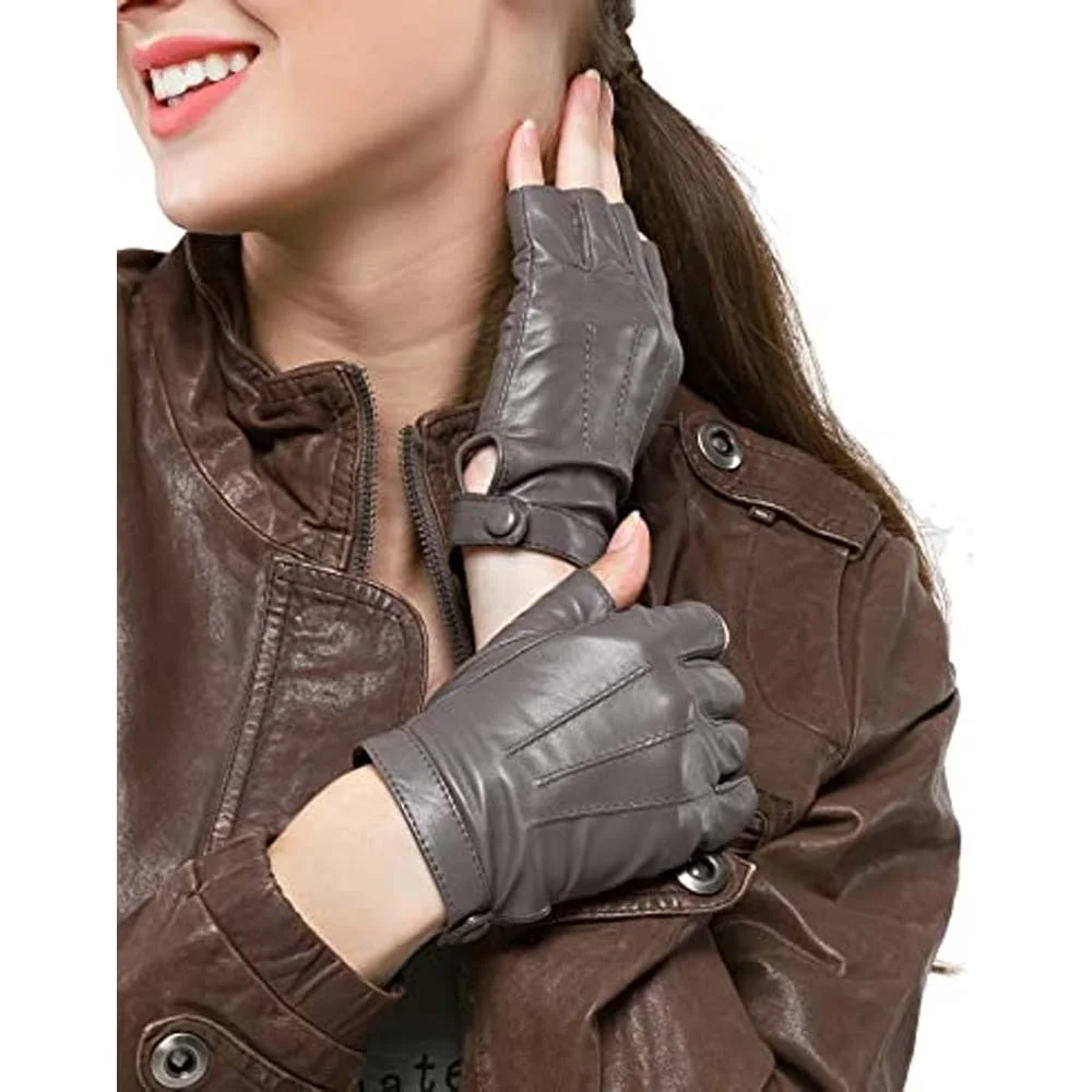 OEM service Women Driving genuine cowhide Leather Gloves Half Finger Fingerless  Gloves