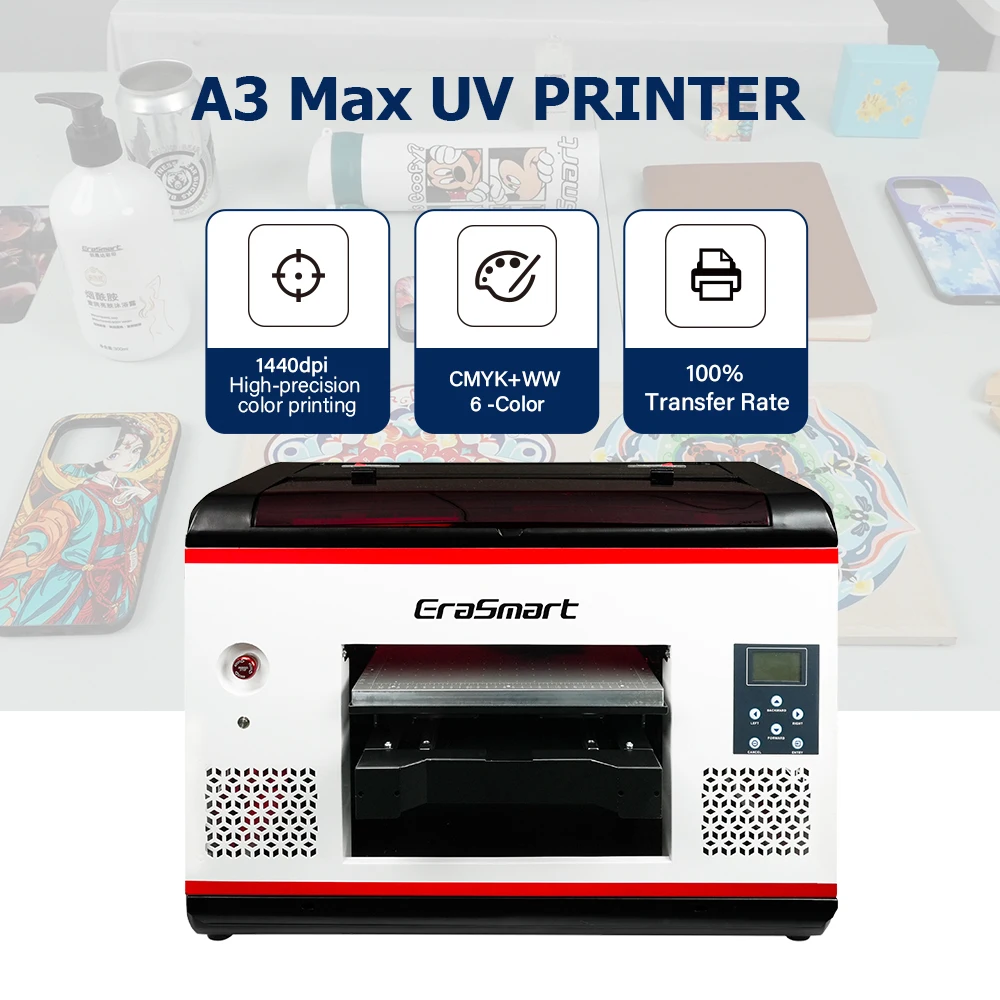 New Arrival Erasmart RTS A3 Uv Printer Custom Transfers Flatbed PVC Glass Leather Wood A3 Pro Max Uv Printer for Phone case