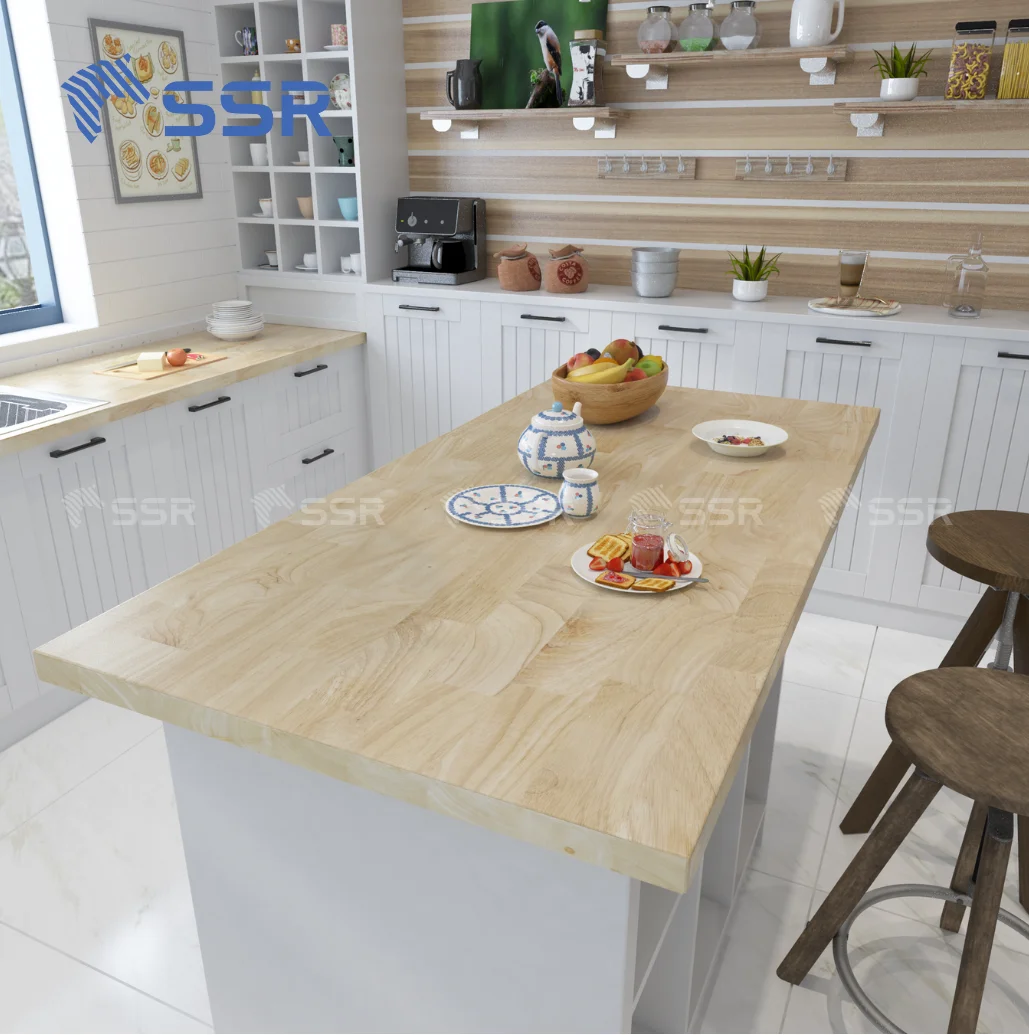 SSR VINA - Sustainable Unfinish Hevea Butcher Block Countertops Thickness 1.5 Inches for DIY Island/Kitchen Countertops
