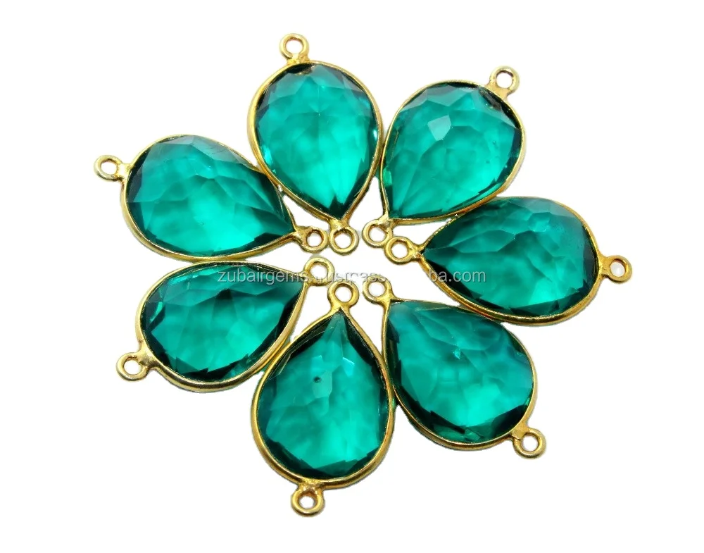 Match Pair Emerald Quartz Faceted Pendant Connector  24K Gold Plated