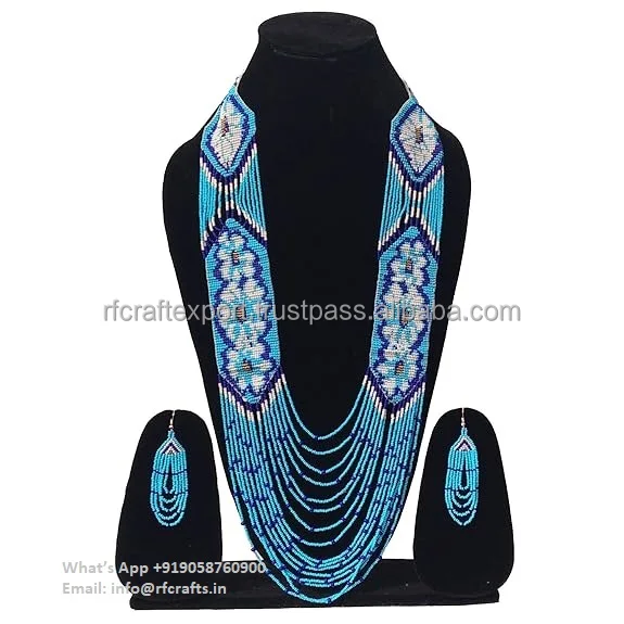 Authentic Style Necklace and Earrings Set Colorful Layered Tribal Glass Bead Fringe with Gold Plated Amber Pearl Chains Type