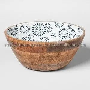 Mango  wood Acacia  hard wood Enamel Coated Wooden Serving Bowl with Spoon set for Kitchenware from Indian Supplier