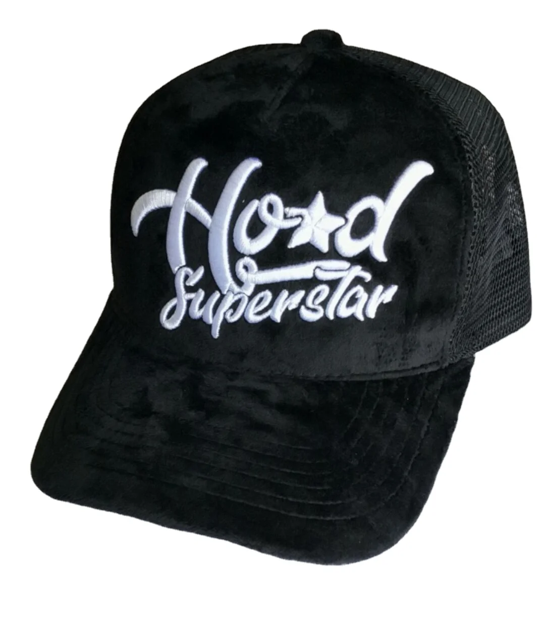 Black velvet and embroidery custom snapback full covered trucker_caps