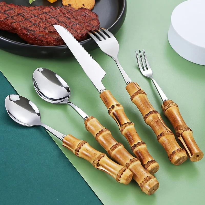 Royal Restaurant Stainless Steel Wholesale Stainless Steel Knife Spoon And Fork Bulk Flatware With Bamboo Handle