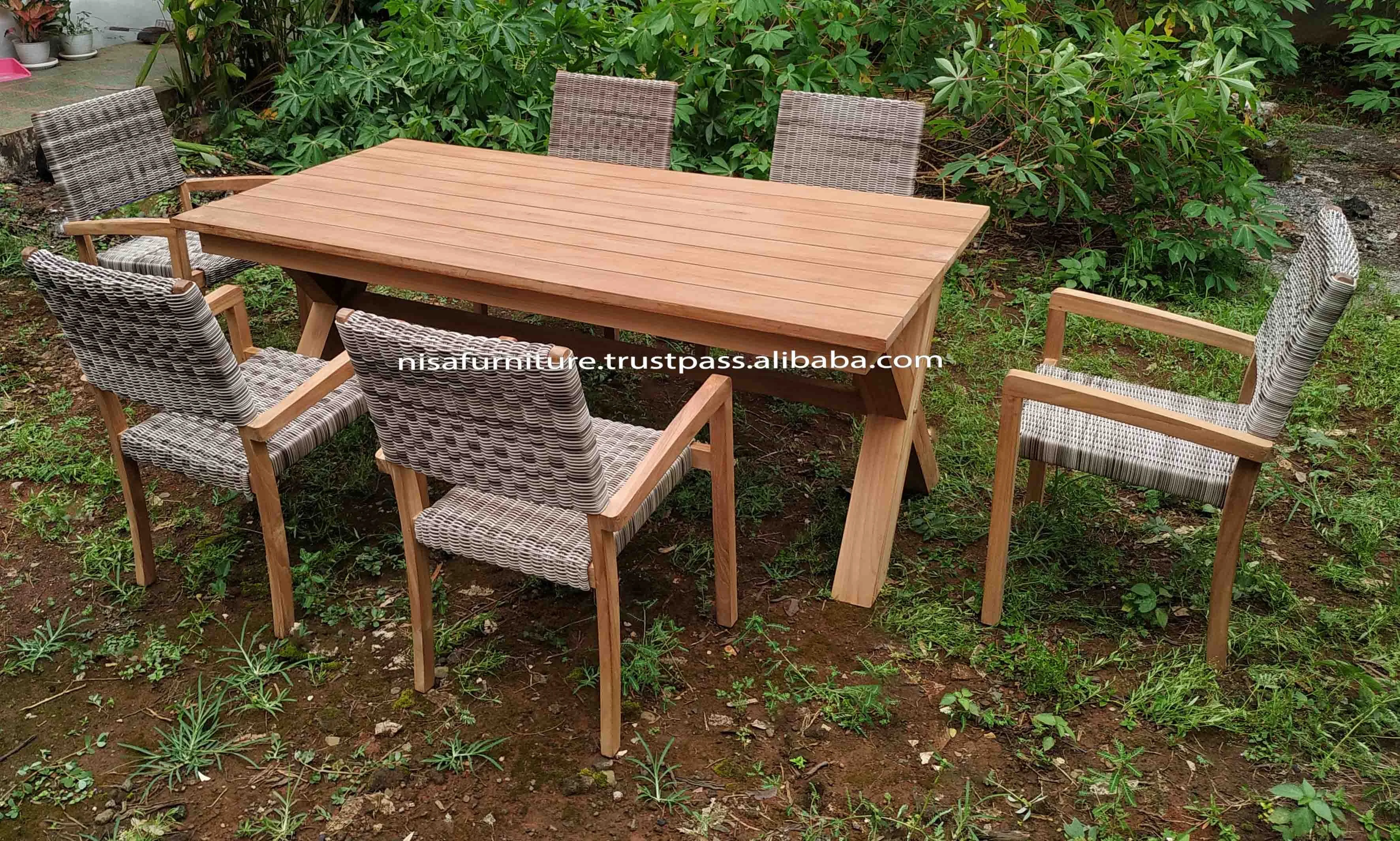 Modern X-leg Wooden Table 6 Rattan Dining Chairs Outdoor Garden Furniture Set with Teak Wicker PE Material for Hotels Exteriors
