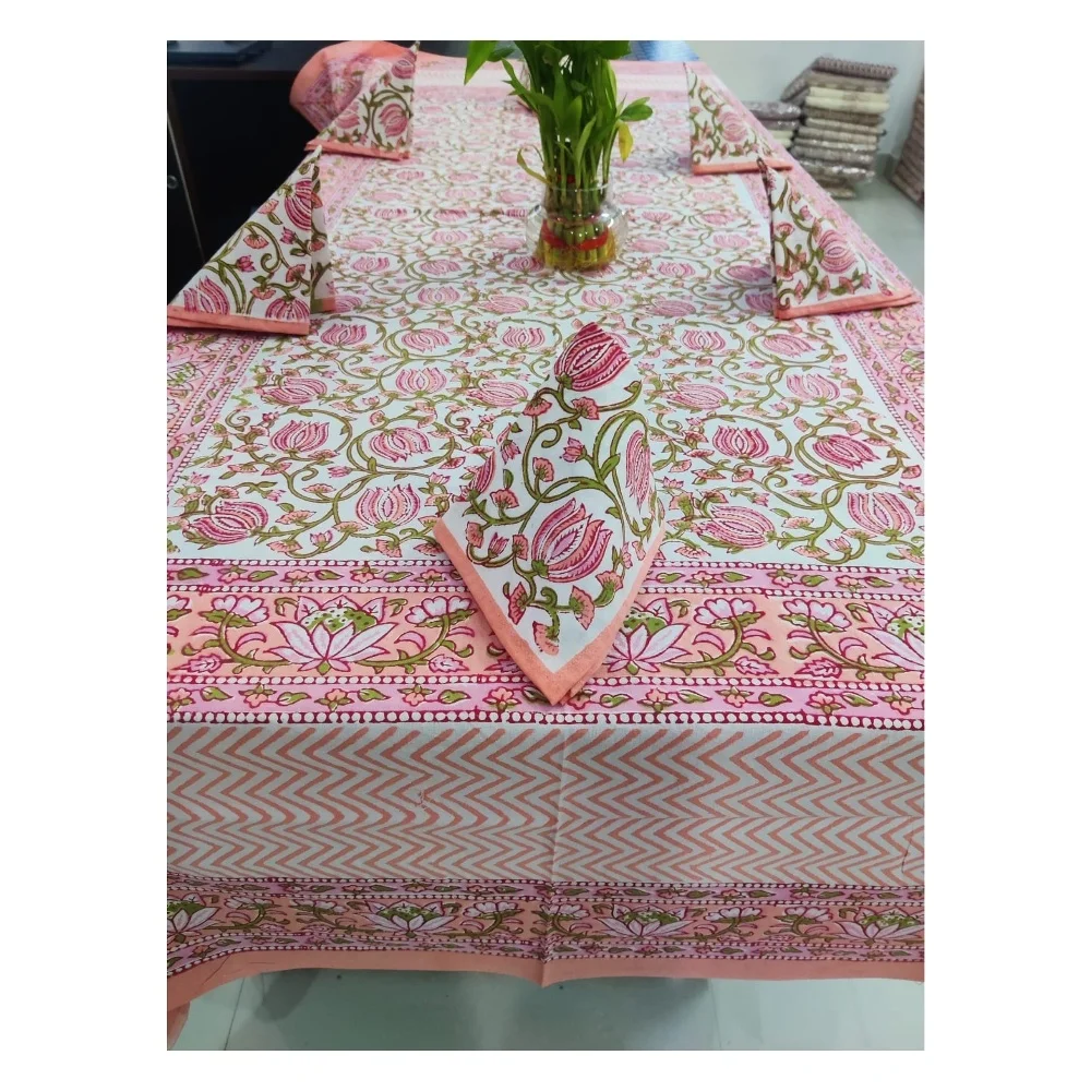 Оптовая продажа B2B 2023 новый дизайн 100% хлопок прямоугольные скатерти с 6 шт. салфеток цветочный принт ручной блок печатные