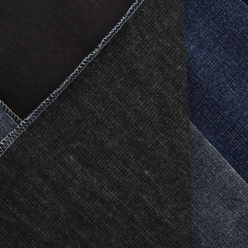 12.5oz BLUE black denim with corduroy back side  stretch jeans ladies fabric denim for winter