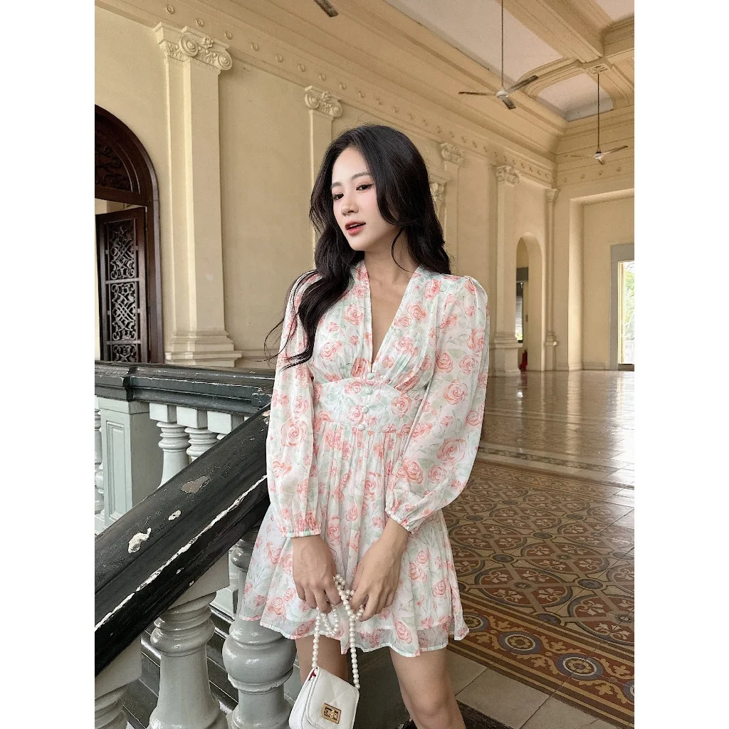 Jumpsuits With Rose Orange Green Motifs V-neck Elegant Chiffon Material Luxurious Flared Shape 2024 Pleated Puff-sleeve Dress 35