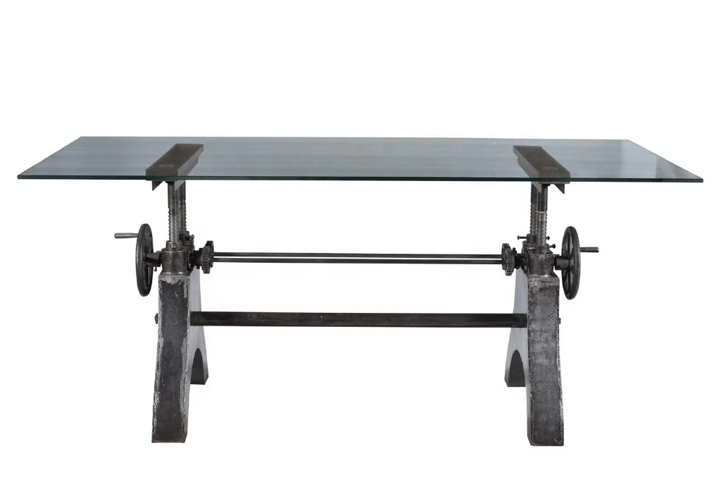 Винтажный промышленный обеденный стол со стеклянным механизмом Jodhpur деревенский регулируемый с коленчатым индийский