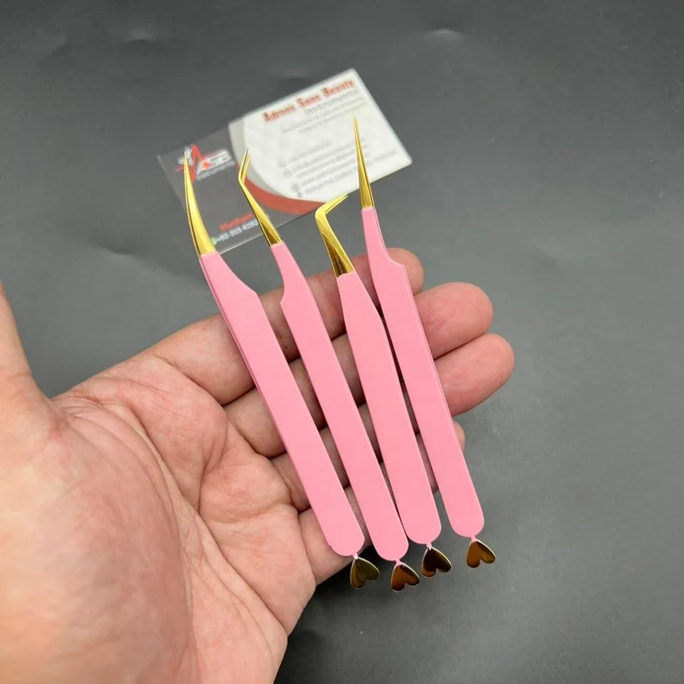 Lash Tweezers Private Label Baby Pink Matte Heart Design Japanese Stainless Steel Hand Tested Volume Eyelash Extension Tweezer