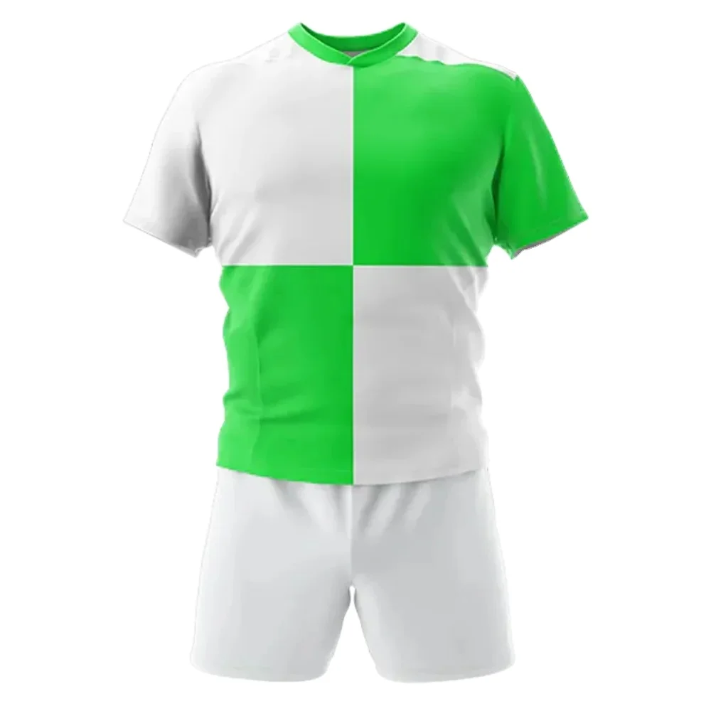High Quality Custom Rugby Shirt with Shorts Green White Sublimated Sports Uniform Set Hot Sale Thick Latest Design Jerseys