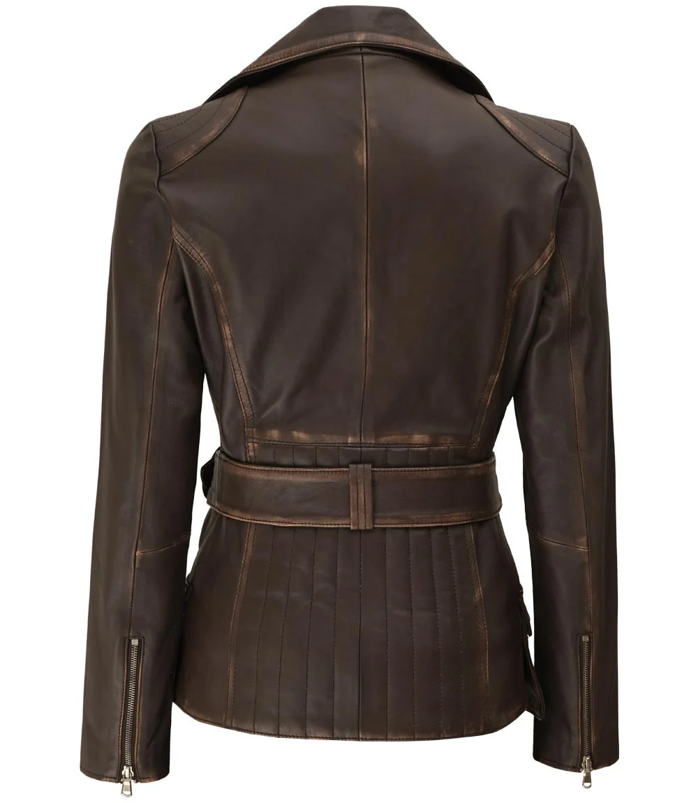 Super New Stylish Womens Brown Asymmetrical Distressed Long Leather Jacket Fully Customized With Two zipper and two flap pockets