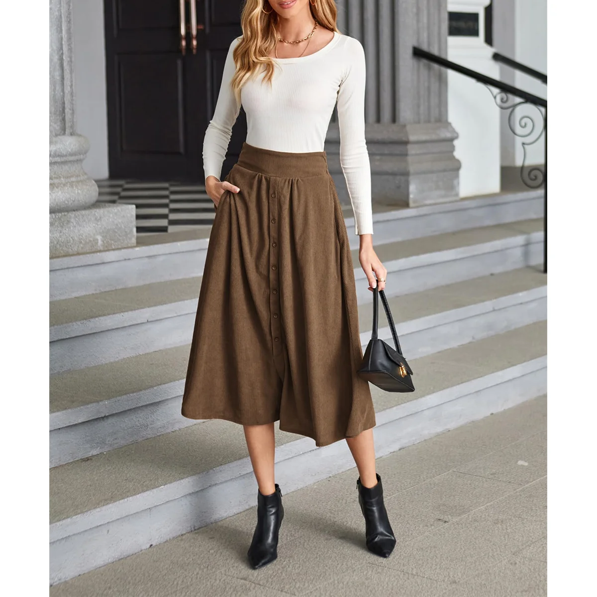 Womens Corduroy A-line Midi Skirts Fall Winter High Waist Button Pleated Flared Casual Skirt with Pockets