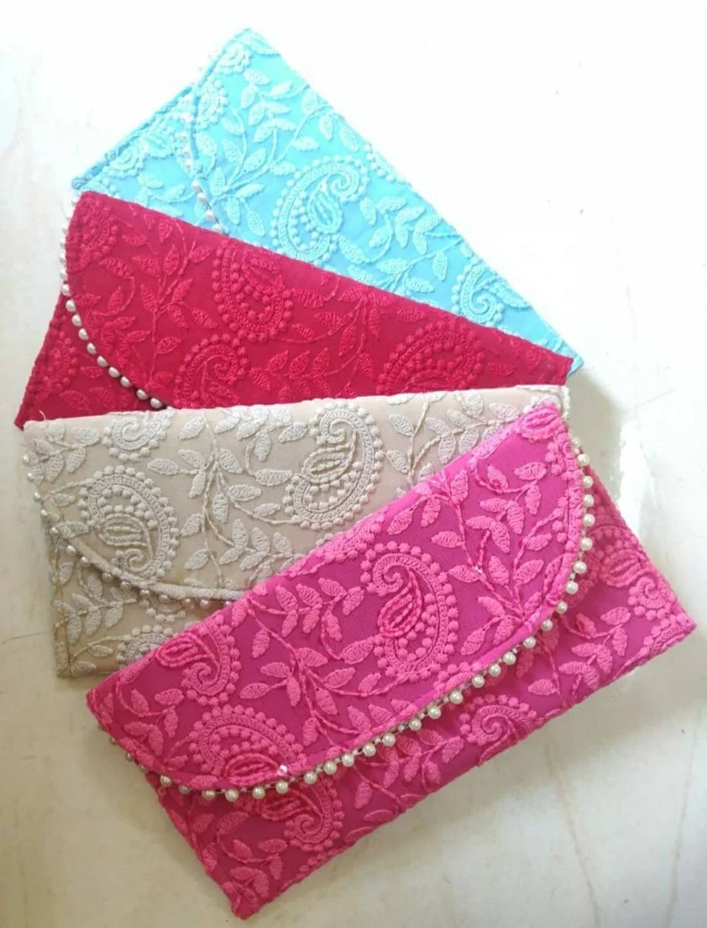 Handmade Chikankari Fabric Fancy Design Eco-friendly Gota Pati Work Fancy Envelope Wedding Invitation Card Envelope