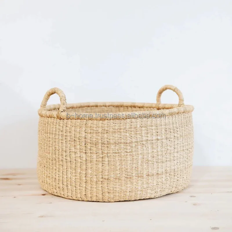 Large round Rattan Seagrass Basket with Handles Handwoven Wicker Basket for Home Organization Handicraft
