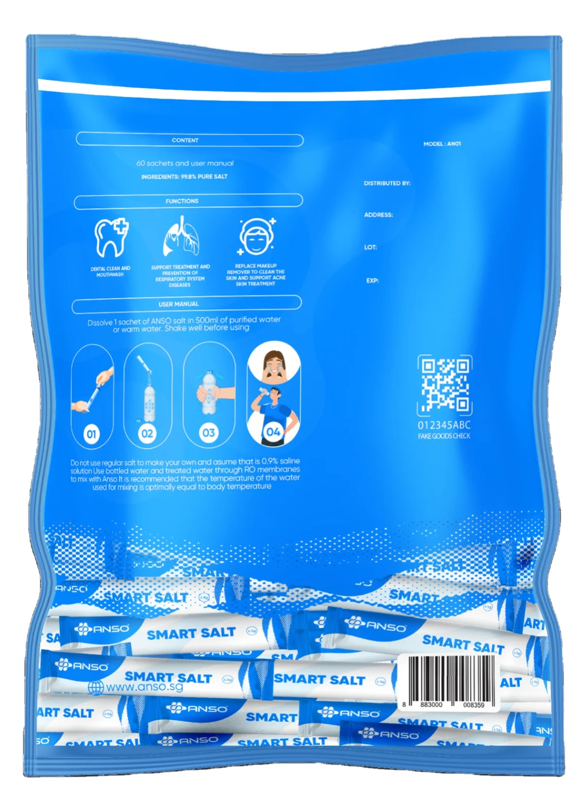 New Product Wholesale, Standard Version ANSO Salt - 100 Natural Mouthwash Saline Packets - Medical Salt Manufacturer