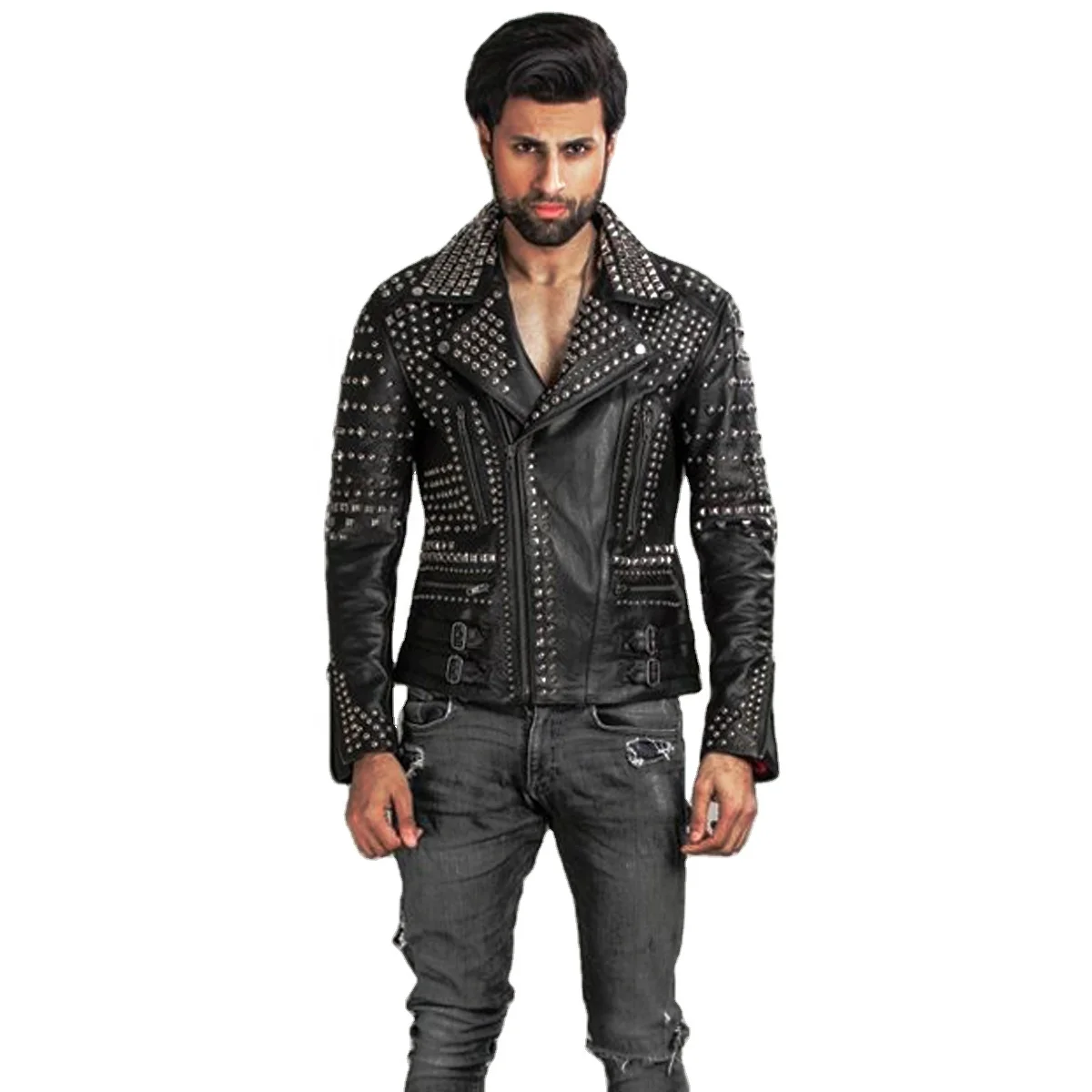 Men Silver Studded Long Spiked Jacket Leather Black Rock Punk Style Jacket Hollywood Jackets  - Albarr Pak