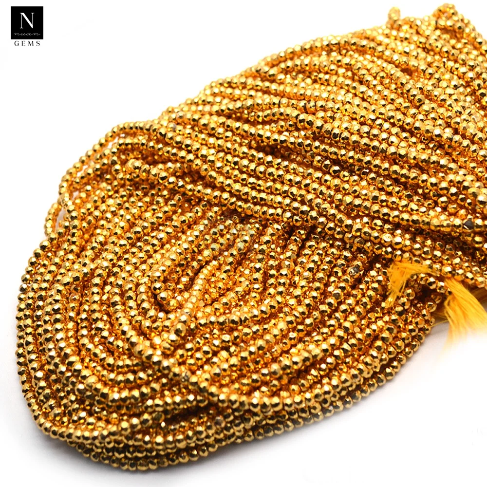Genuine Natural Golden Pyrite Faceted Round Cut 3-4 MM Gemstones 13 Inch Strand Rondell Beads Strands Strings For Jewelry Making
