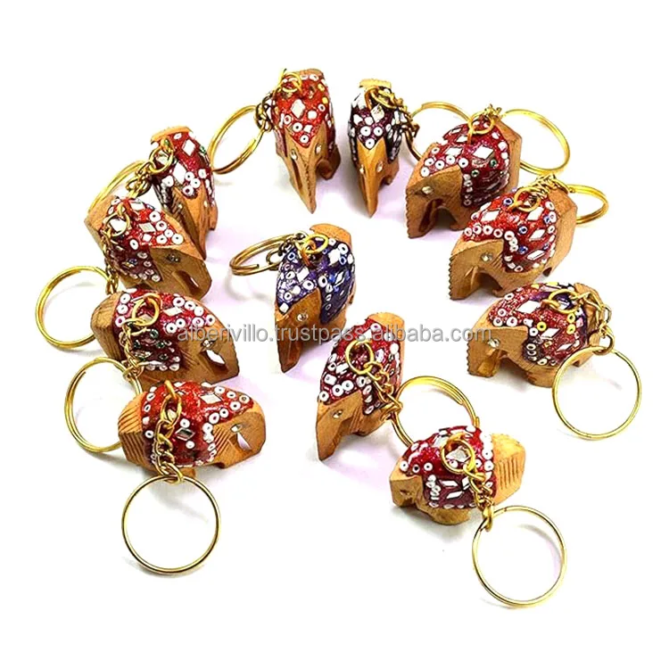 Souvenir Gifts  Elephant Design Keyrings Wooden Wholesale Keyrings Charms with Different Design & Color from Indian Supplier
