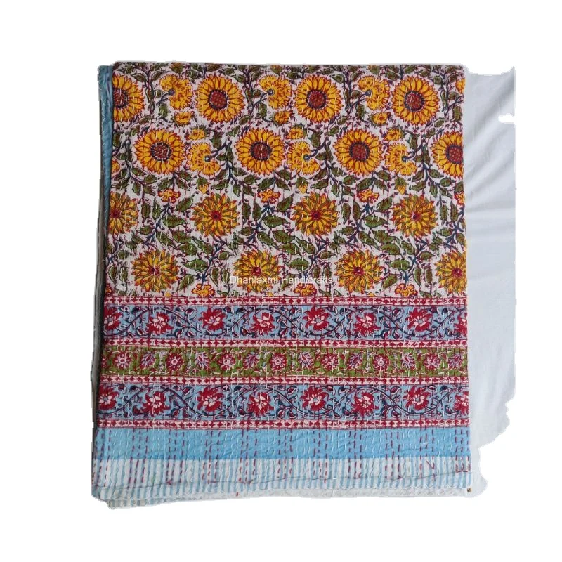 New Multi-Colour Indian Handmade Print Floral Cotton Kantha Quilt Beautiful Wholesale Kantha Bedspread